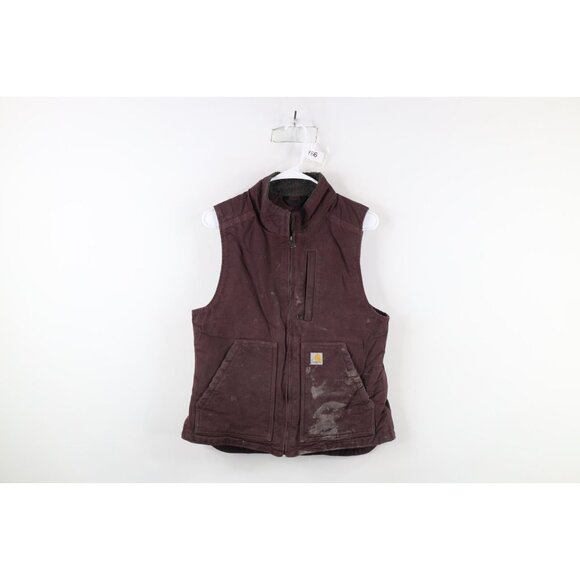 Vintage Carhartt Womens XS Thrashed Spell Out Fleece Lined Vest Jacket Purple